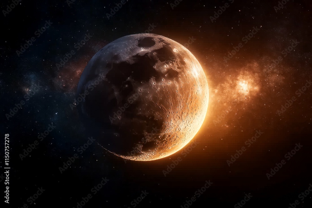 Majestic moon illuminated by cosmic light in a star-filled galaxy at night Majestic moon illuminated by cosmic light in a star-filled galaxy at night