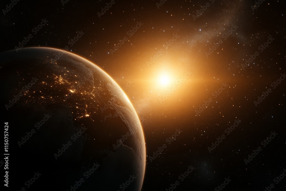 Naklejka premium Earth illuminated by the sun's rays amidst the vastness of outer space