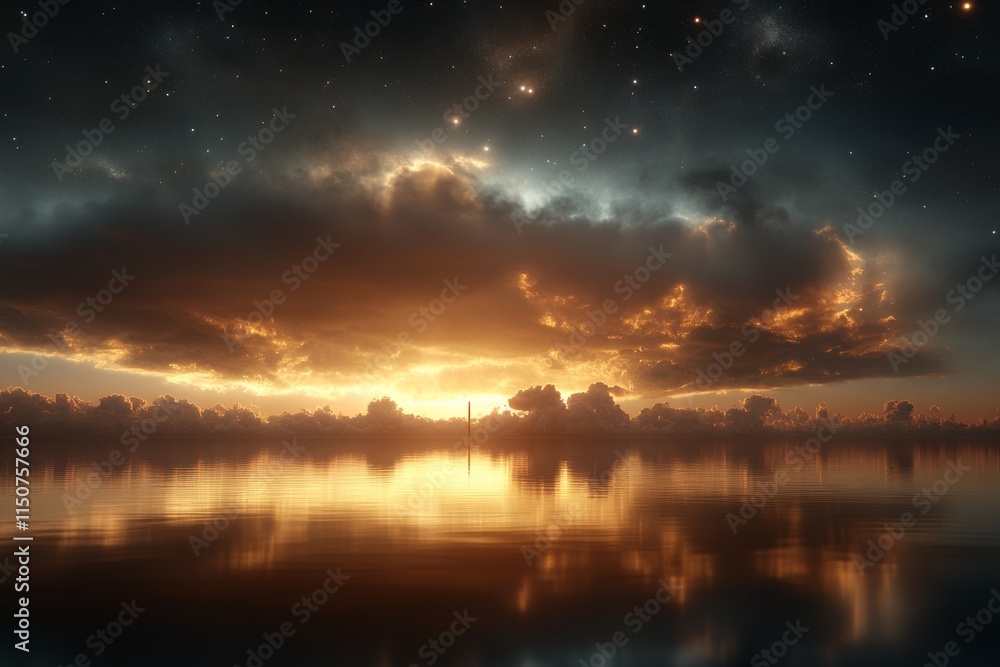 Breathtaking sunset over calm water reflecting clouds in a serene evening sky Breathtaking sunset over calm water reflecting clouds in a serene evening sky