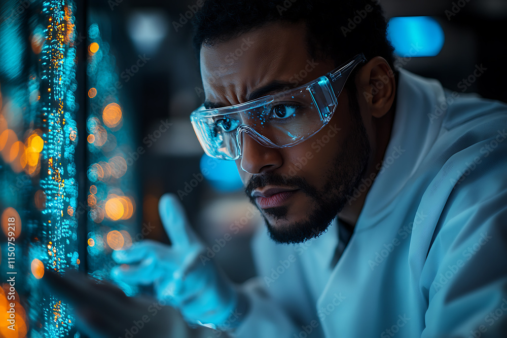 A scientist examining glowing cells in a futuristic biotech lab A scientist examining glowing cells in a futuristic biotech lab
