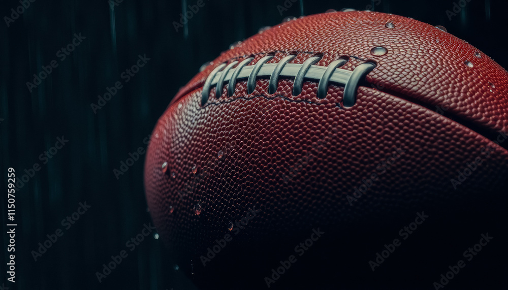 Close-up of a rain-soaked football, showcasing its texture and capturing the raw energy of the sport. Close-up of a rain-soaked football, showcasing its texture and capturing the raw energy of the sport.