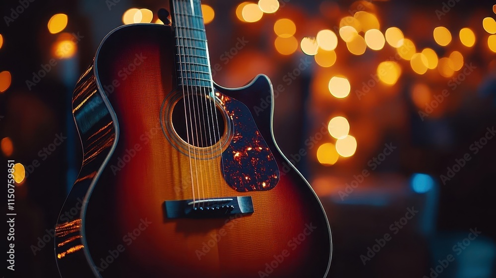 Obraz premium Acoustic guitar on stand with vibrant lighting, sleek design, cozy setup