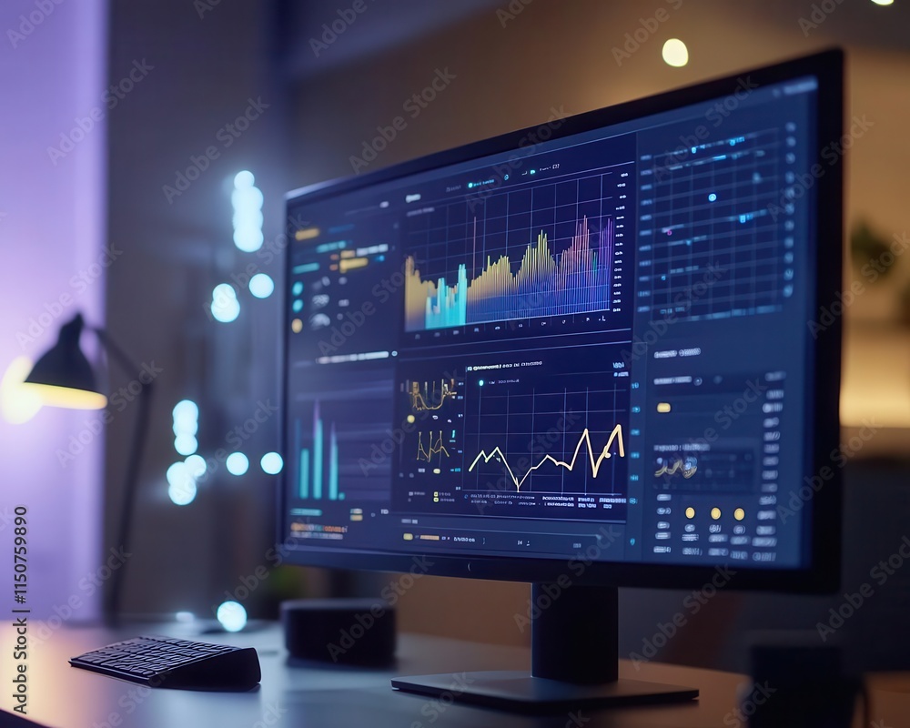 AI-driven analytics with vibrant graphs, sleek tech setup, soft lighting AI-driven analytics with vibrant graphs, sleek tech setup, soft lighting