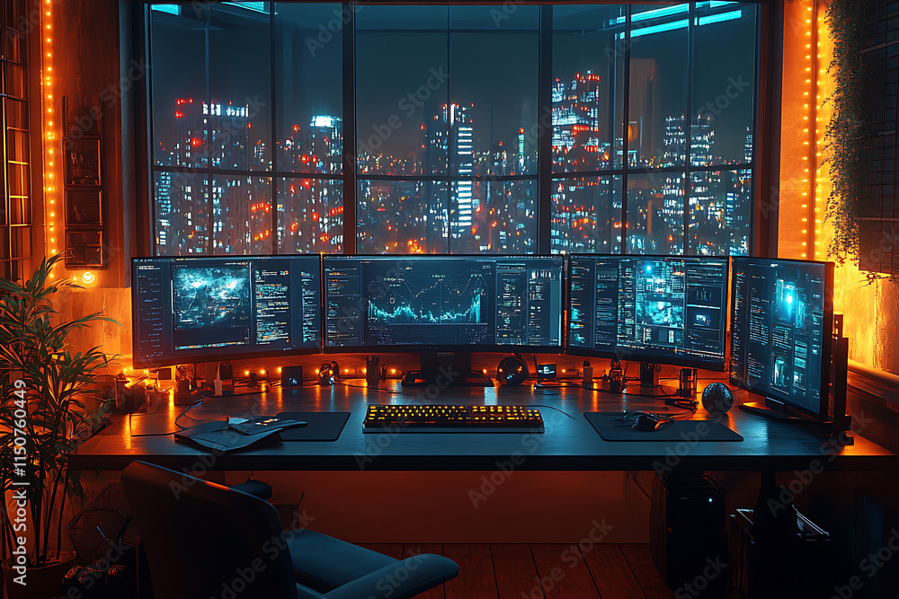 A modern office setup with multiple screens, a sleek ergonomic chair, and futuristic tech gadgets A modern office setup with multiple screens, a sleek ergonomic chair, and futuristic tech gadgets