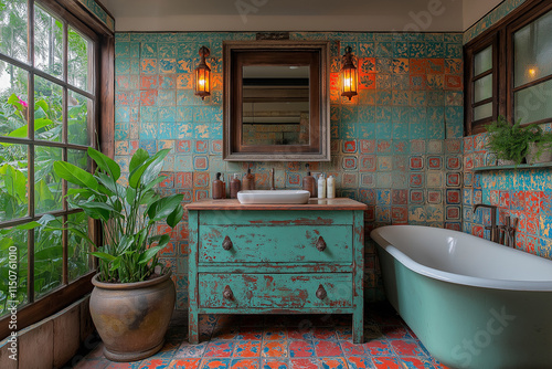 Salle de Bain Récup et Colorée avec Tapisserie Vinyle Inspiration Marocaine, Coiffeuse Vintage Restaurée en Turquoise et Carreaux Colorés Autour du Miroir, Ambiance Éclectique et Artistique photo