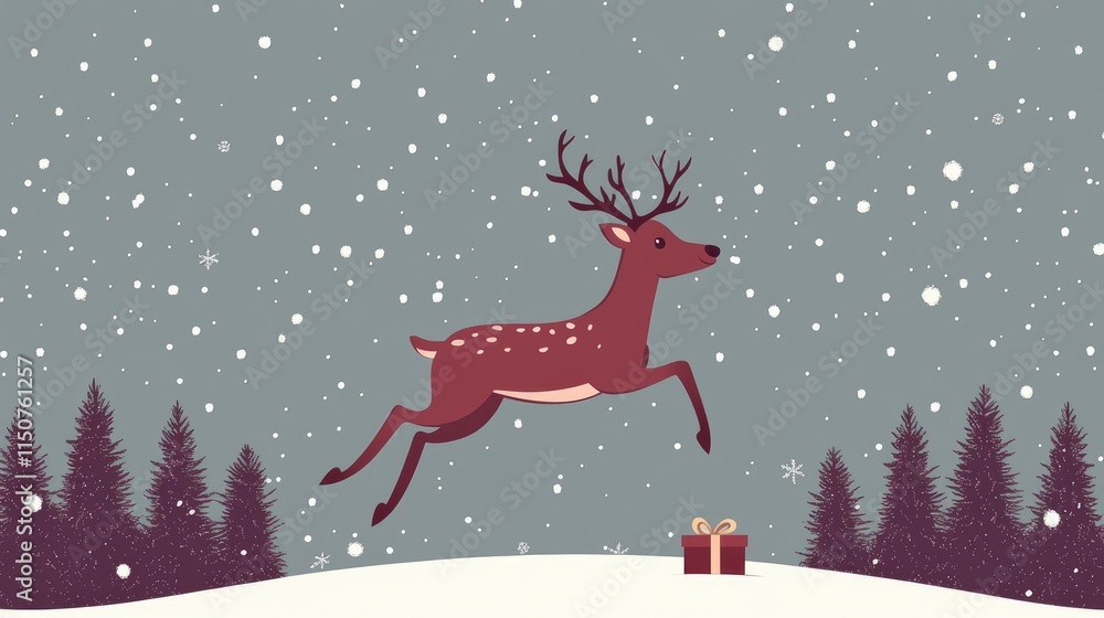 Reindeer Leaping Through Snowy Night Sky Towards Christmas Gift Reindeer Leaping Through Snowy Night Sky Towards Christmas Gift