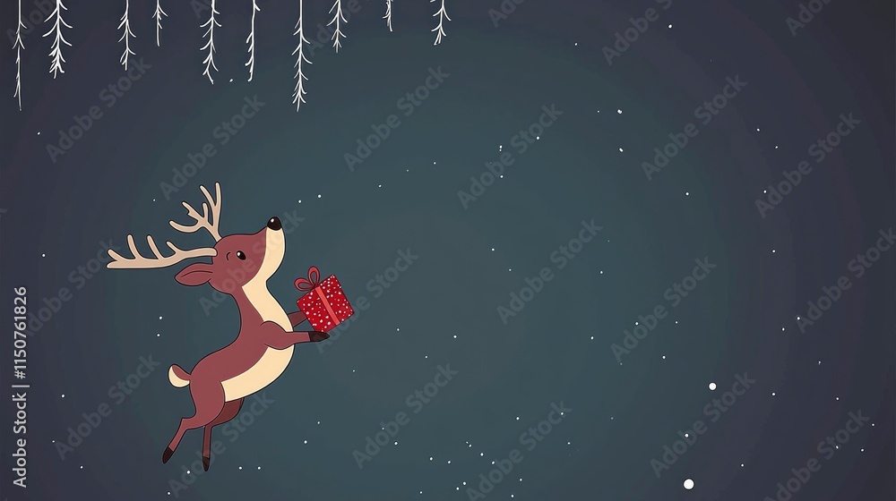 Reindeer with Christmas Gift Flying in Winter Night Sky Reindeer with Christmas Gift Flying in Winter Night Sky
