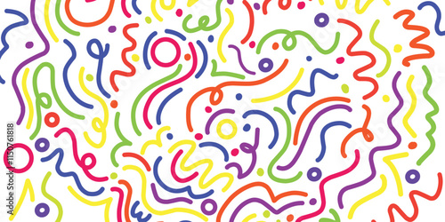  line doodle seamless pattern. Creative abstract squiggle style drawing background for children or trendy design with basic shapes. Simple childish scribble wallpaper print