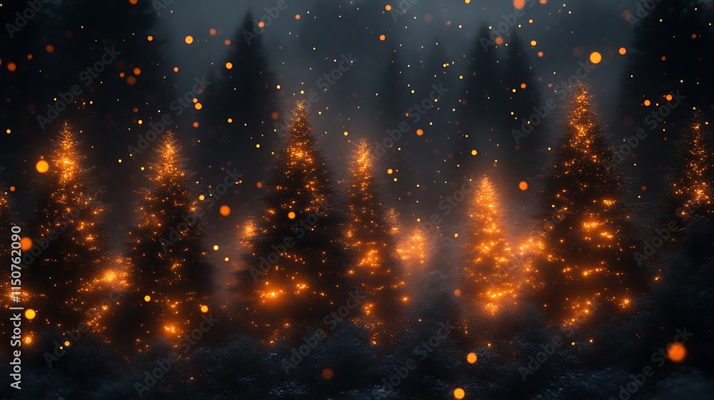 Illuminated Christmas Trees in a Snowy Forest