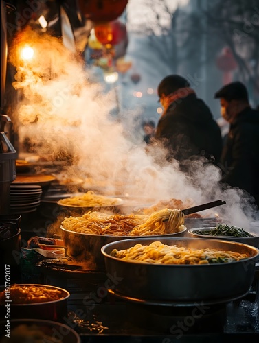 Street Food Steam: A captivating image of steaming bowls of noodles at a bustling street food stall in China. The warm glow of the lights and the rising steam create a sense of energy and excitement. photo