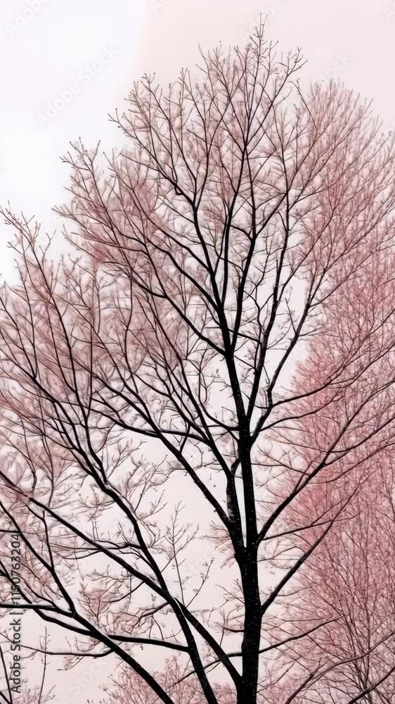 Spring trees with budding pink blossoms against a soft white sky in a tranquil setting during early morning hours Spring trees with budding pink blossoms against a soft white sky in a tranquil setting during early morning hours