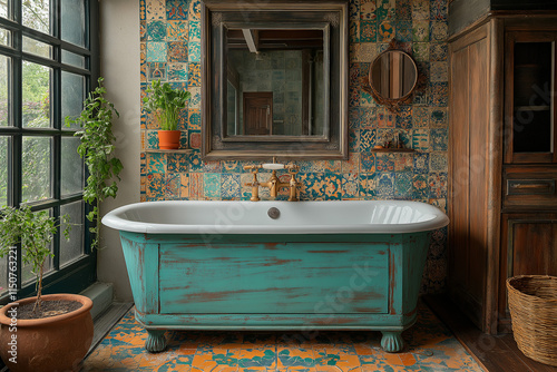 Salle de Bain Récup et Colorée avec Tapisserie Vinyle Inspiration Marocaine, Coiffeuse Vintage Restaurée en Turquoise et Carreaux Colorés Autour du Miroir, Ambiance Éclectique et Artistique photo