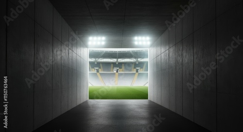 Illuminated stadium tunnel leading onto grass field