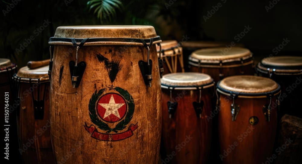 Fototapeta premium Group of various drums, including conga with star emblem, set against dark background