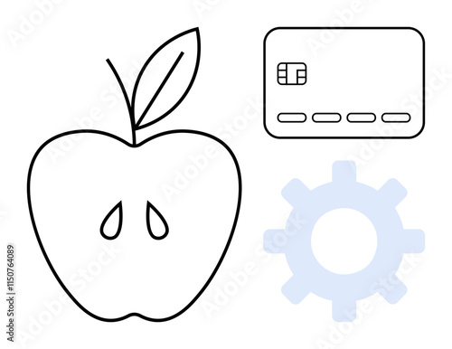 Black and white outline of an apple, credit card, and light blue gear symbol. Ideal for themes in technology, finance, health, lifestyle, business management, educational tools digital applications