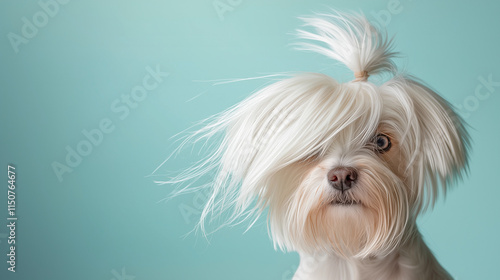 Close-up of a Lowchen dog with long white hair styled in a chignon on a soft blue background