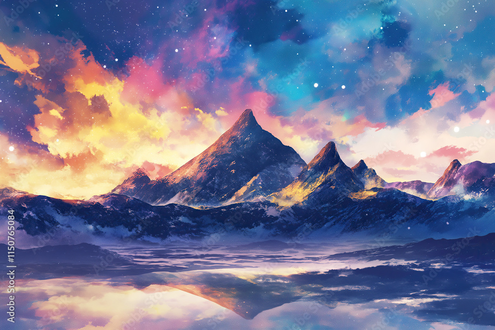 A Captivating Watercolor of a Glowing Mountain Range Under the Evening Sky A Captivating Watercolor of a Glowing Mountain Range Under the Evening Sky