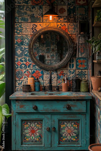 Salle de Bain Récup et Colorée avec Tapisserie Vinyle Inspiration Marocaine, Coiffeuse Vintage Restaurée en Turquoise et Carreaux Colorés Autour du Miroir, Ambiance Éclectique et Artistique photo