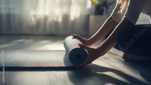 Woman Rolling Up Yoga Mat After Workout
