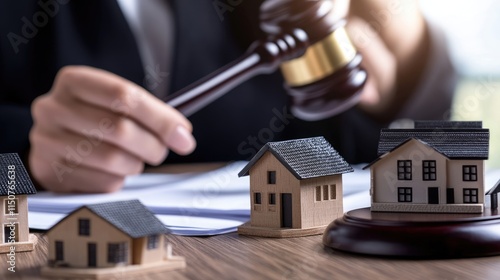 Gavel and Miniature Houses on a Wooden Table