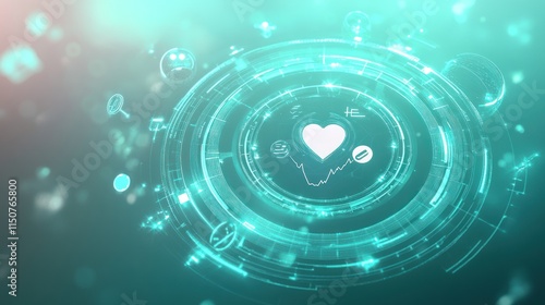 A 3D-rendered abstract interface featuring a glowing circular display showcasing personalized health metrics like blood pressure, heart rate, and daily activity.