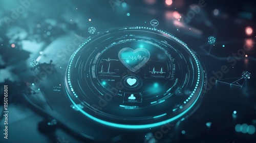 A 3D-rendered abstract interface featuring a glowing circular display showcasing personalized health metrics like blood pressure, heart rate, and daily activity.
