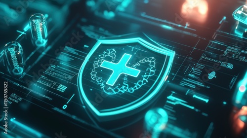 A 3D-rendered futuristic scene featuring a glowing shield icon, embedded with medical symbols like a cross, DNA helix, and heart pulse. Surrounding the shield are floating data streams.