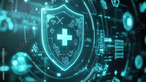 A 3D-rendered futuristic scene featuring a glowing shield icon, embedded with medical symbols like a cross, DNA helix, and heart pulse. Surrounding the shield are floating data streams.