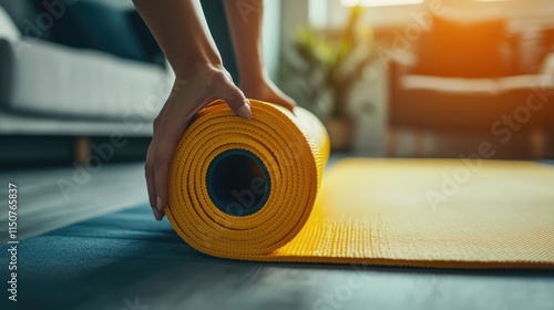 Unrolling a Yellow Yoga Mat for a Workout