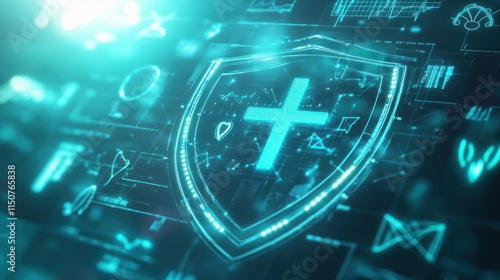 A 3D-rendered futuristic scene featuring a glowing shield icon, embedded with medical symbols like a cross, DNA helix, and heart pulse. Surrounding the shield are floating data streams.