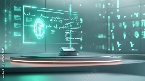 A 3D-rendered futuristic scene featuring a glowing shield icon, embedded with medical symbols like a cross, DNA helix, and heart pulse. Surrounding the shield are floating data streams.