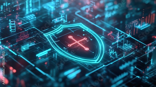 A 3D-rendered futuristic scene featuring a glowing shield icon, embedded with medical symbols like a cross, DNA helix, and heart pulse. Surrounding the shield are floating data streams.
