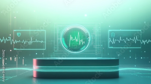 A 3D-rendered scene of a futuristic medical monitoring device hovering above a sleek podium, with holographic screens displaying vital signs like heart rate, blood pressure, and oxygen levels.
