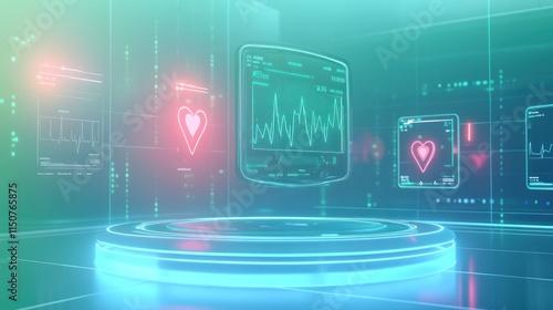 A 3D-rendered scene of a futuristic medical monitoring device hovering above a sleek podium, with holographic screens displaying vital signs like heart rate, blood pressure, and oxygen levels.