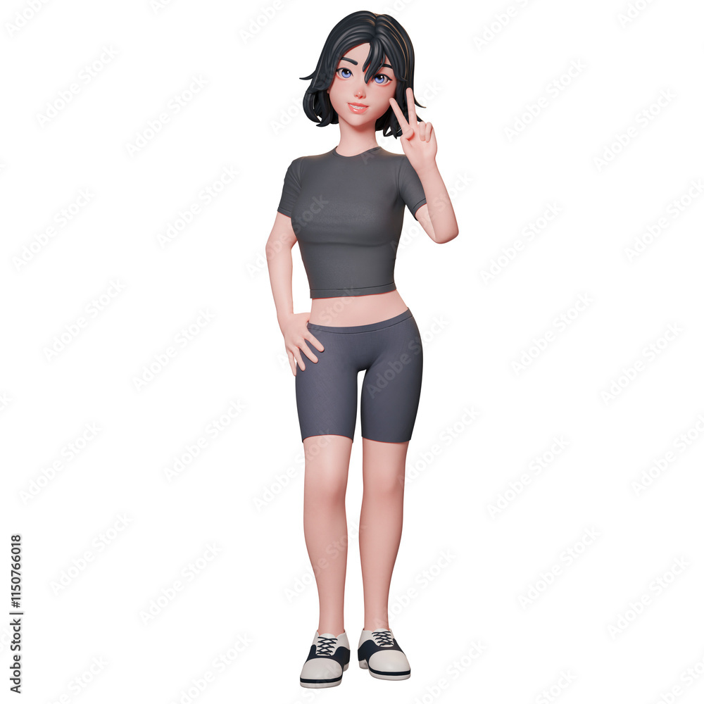 Fototapeta premium 3D illustration of a sporty girl in black. showing peace hand gesture using her right hand. friendship, Cute cartoon style.