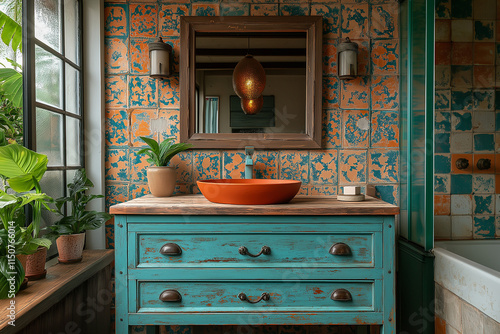 Salle de Bain Récup et Colorée avec Tapisserie Vinyle Inspiration Marocaine, Coiffeuse Vintage Restaurée en Turquoise et Carreaux Colorés Autour du Miroir, Ambiance Éclectique et Artistique photo