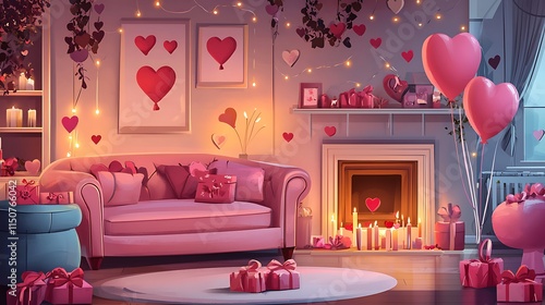 Another illustration the living room decorated for Valentine's Day with thoughtful accents like candles, gifts, and balloons