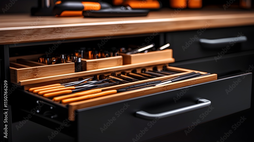 Toolbox drawer with arranged tools, soft-focus mechanic working behind, garage workshop ambiance--style raw Toolbox drawer with arranged tools, soft-focus mechanic working behind, garage workshop ambiance--style raw