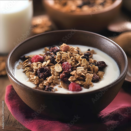 Make a reale image from this recepie for a cookbook Granola Clusters served with milk or yogurt photo