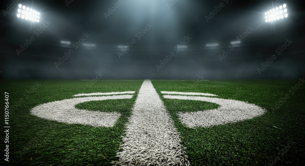 Obraz premium Empty football field at night with bright stadium lights and misty atmosphere