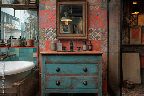 Salle de Bain Récup et Colorée avec Tapisserie Vinyle Inspiration Marocaine, Coiffeuse Vintage Restaurée en Turquoise et Carreaux Colorés Autour du Miroir, Ambiance Éclectique et Artistique photo