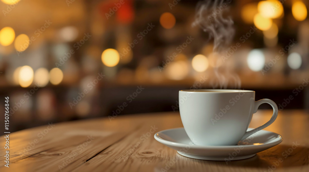 Steaming Cup of Coffee on Wooden Table in Cozy Cafe Steaming Cup of Coffee on Wooden Table in Cozy Cafe