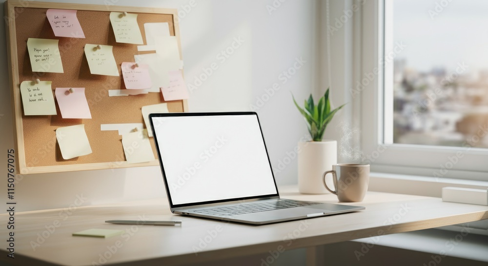 Cozy workspace with laptop, coffee mug, and notes Cozy workspace with laptop, coffee mug, and notes