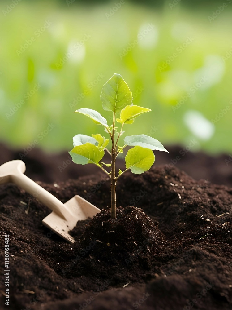 A young tree sapling growing in fresh soil with sunlight illuminating its leaves. The scene reflects renewal and environmental sustainability.
