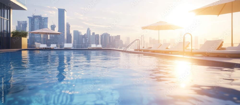 Obraz premium Rooftop pool with cityscape and sunrise.
