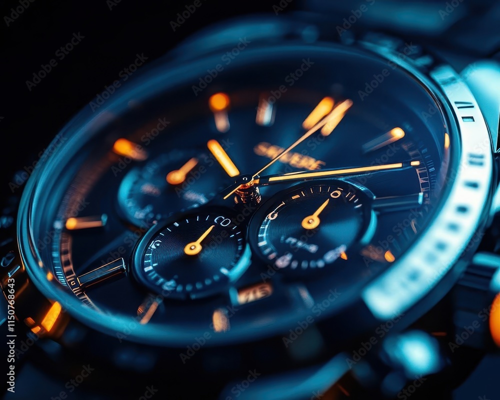 Luxury watch close-up with vibrant lighting, sleek design, soft glow Luxury watch close-up with vibrant lighting, sleek design, soft glow