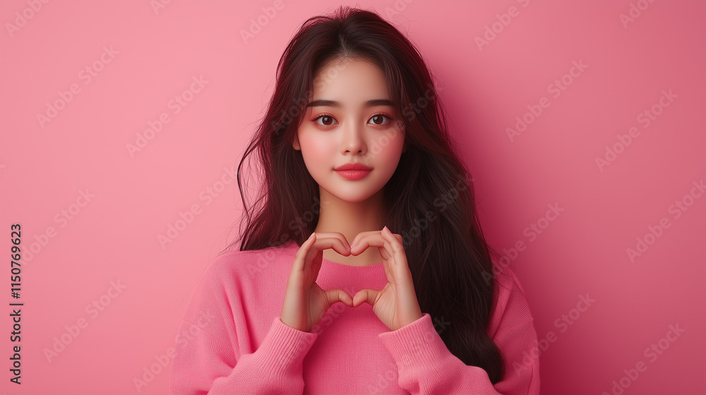 young woman with long hair making heart shape with her hands, wearing pink sweater against pink background, expressing love and warmth. young woman with long hair making heart shape with her hands, wearing pink sweater against pink background, expressing love and warmth.