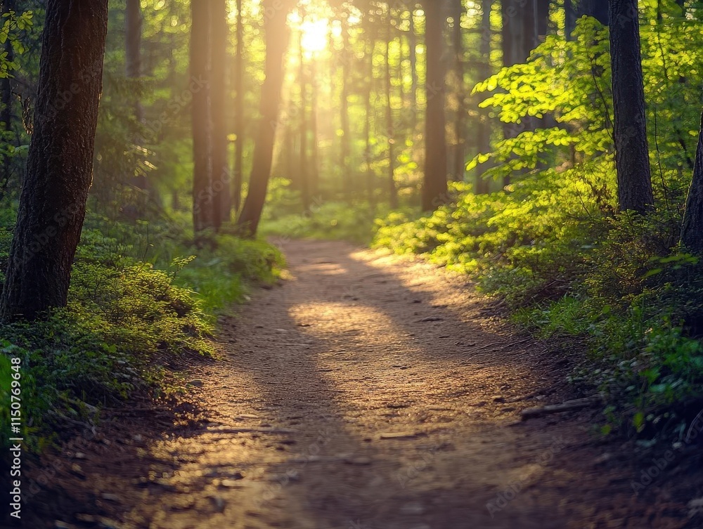 Obraz premium Nature trail hike with vibrant trees, soft lighting, serene outdoor atmosphere