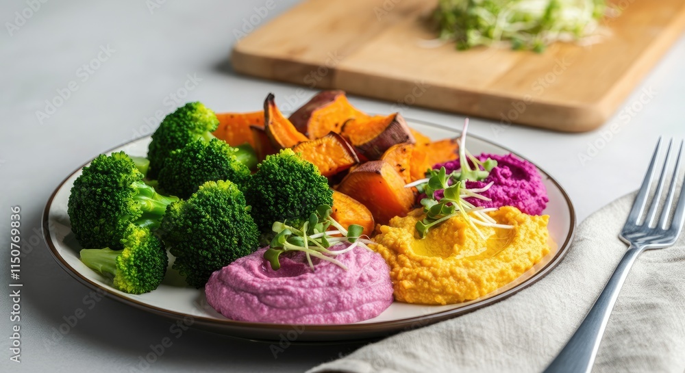Vibrant platter of roasted vegetables and colorful hummus dips
