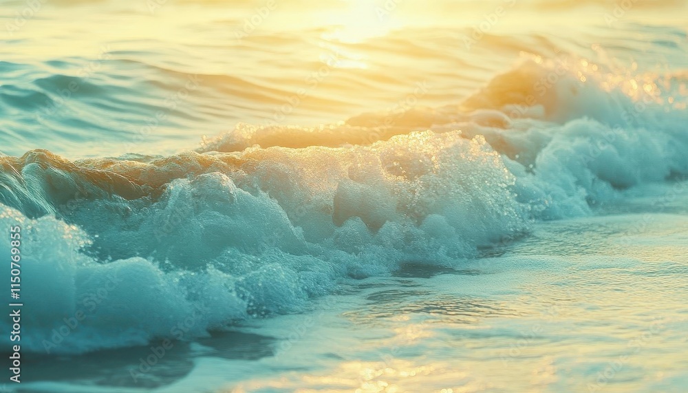 Fototapeta premium Ocean waves crashing with vibrant lighting, soft glow, peaceful beach atmosphere